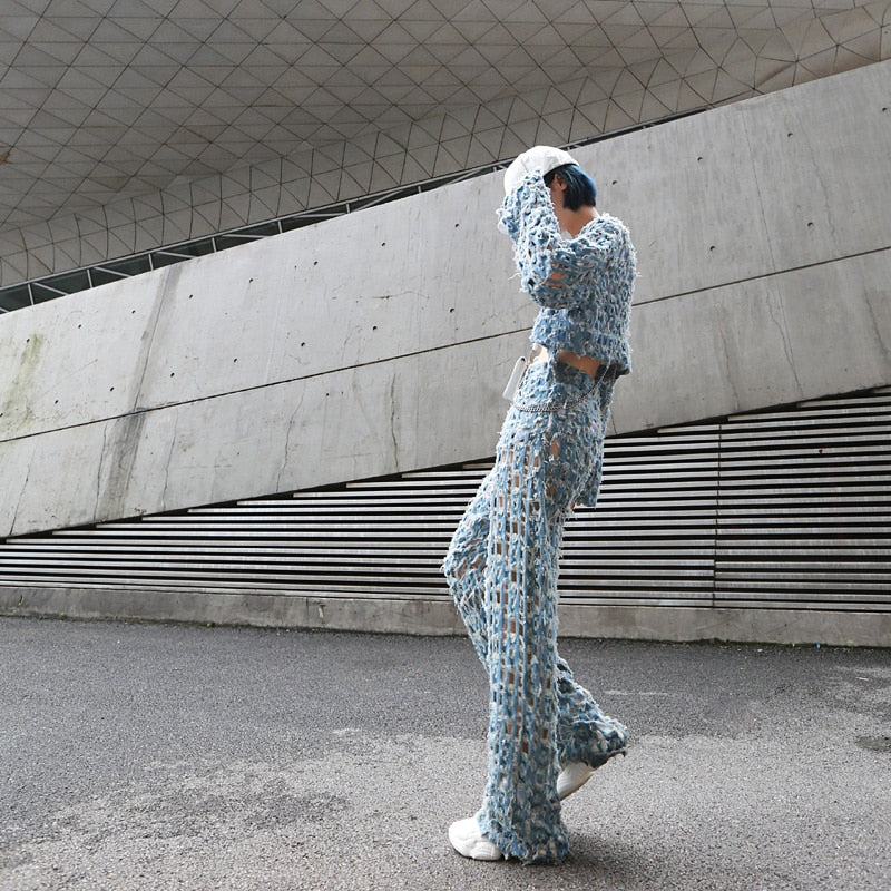 Retro Hole  Loose  Denim Pants