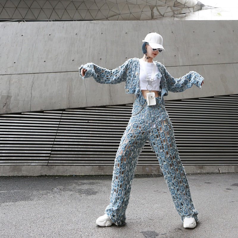 Retro Hole  Loose  Denim Pants