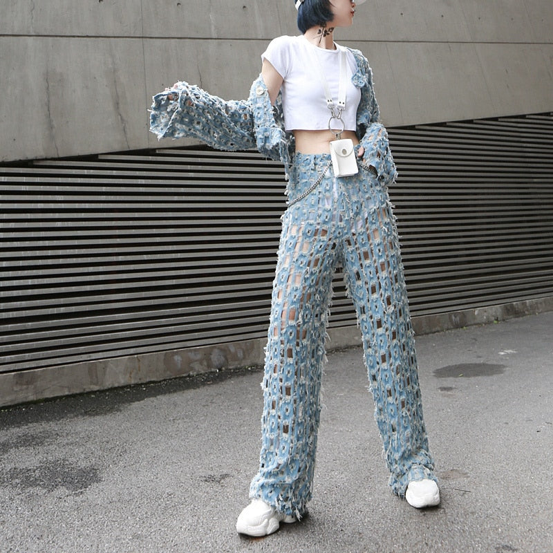 Retro Hole  Loose  Denim Pants